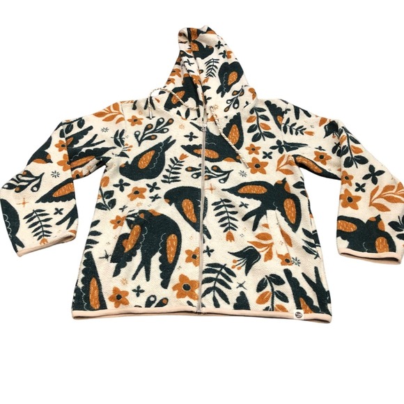 Happy Earth Jackets & Blazers - Happy Earth Fleece Hoodie Jacket Unisex Medium Cream Green Bird Floral Zip Up
